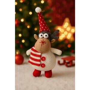 Vintage Christmas Moose Plush 9” Knit Red White Scarf Hat Holiday Decor